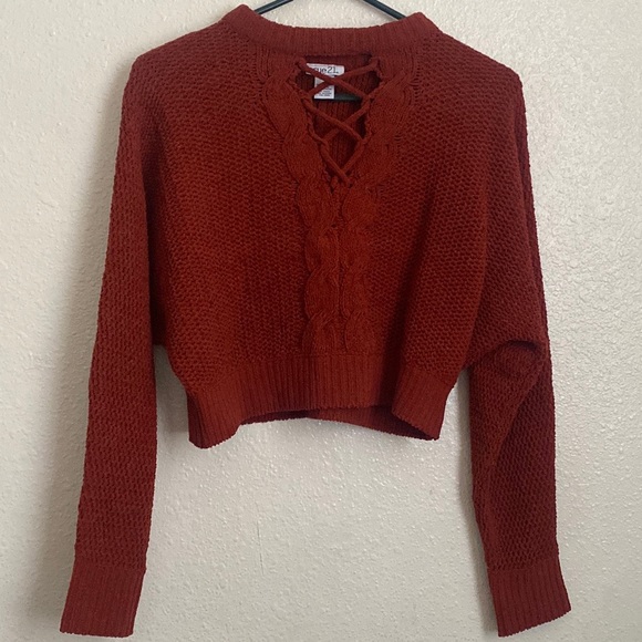 NWOT • Burnt Orange Lace Up V-Neck Cable Knit Sweater - Picture 2 of 5